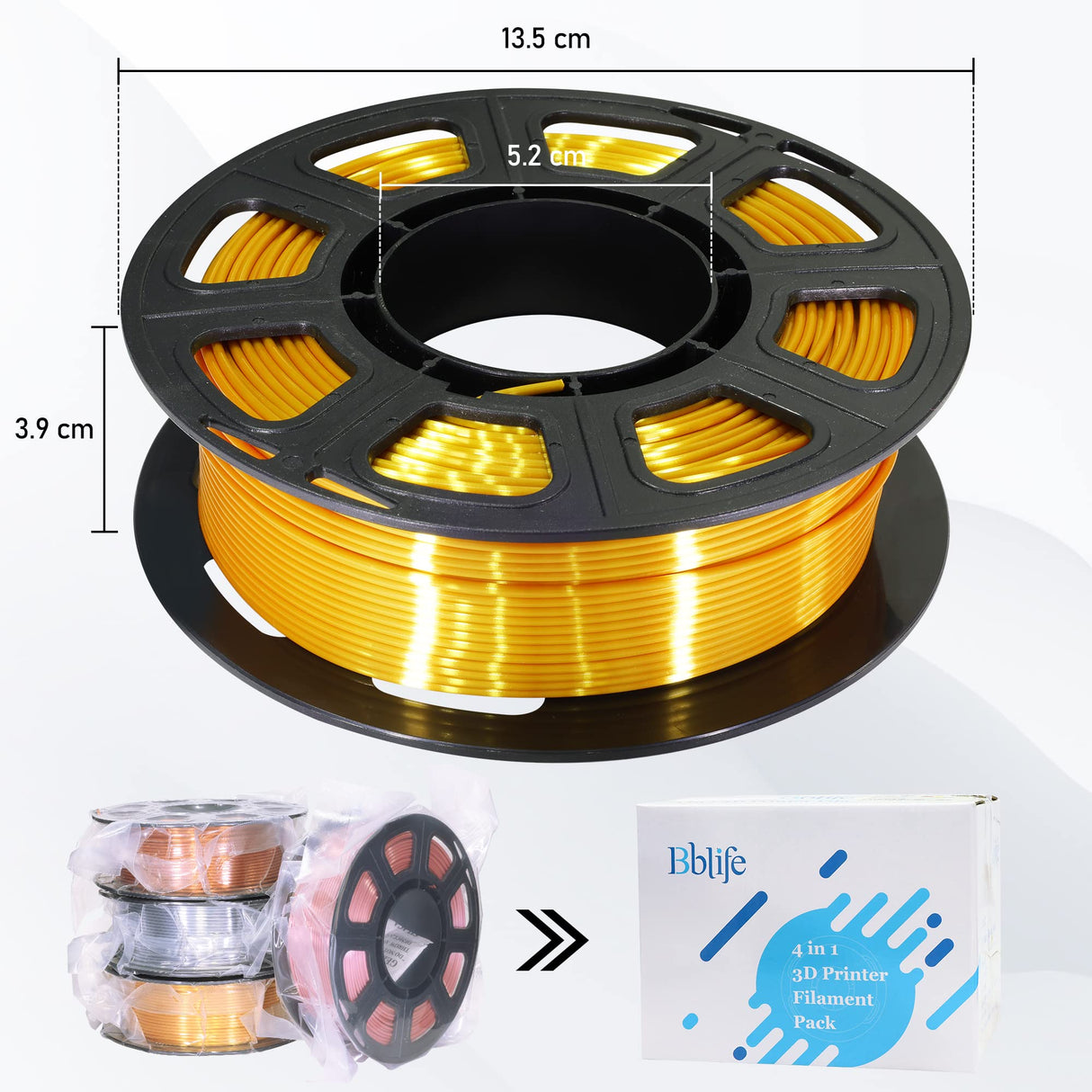 1.75mm 4 Spools Silk PLA 3D Printer Filament Bundle: Shiny Metallic Gold/Silver/Copper/Rose Gold, Each Spool 250g, Widely Fit for 3D Printer/Pen, Total 1Kg 3D Printing Filament Material Bblife
