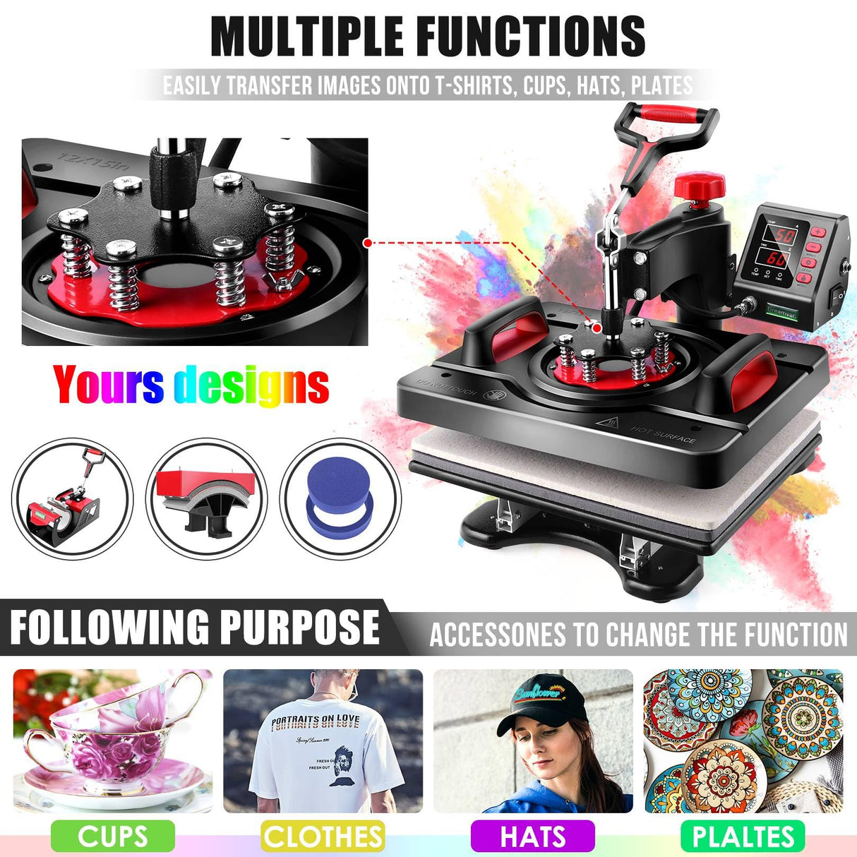 WHUBEFY Heat Press, 15x12 Inch 8 in 1 Shirt Press Multifunction Combo 360° Swing Away Digital Printing Heat Transfer Sublimation Machine Vinyl Heat Press Machine for T Shirts, Cap, Mug, Plate, DIY Whubefy