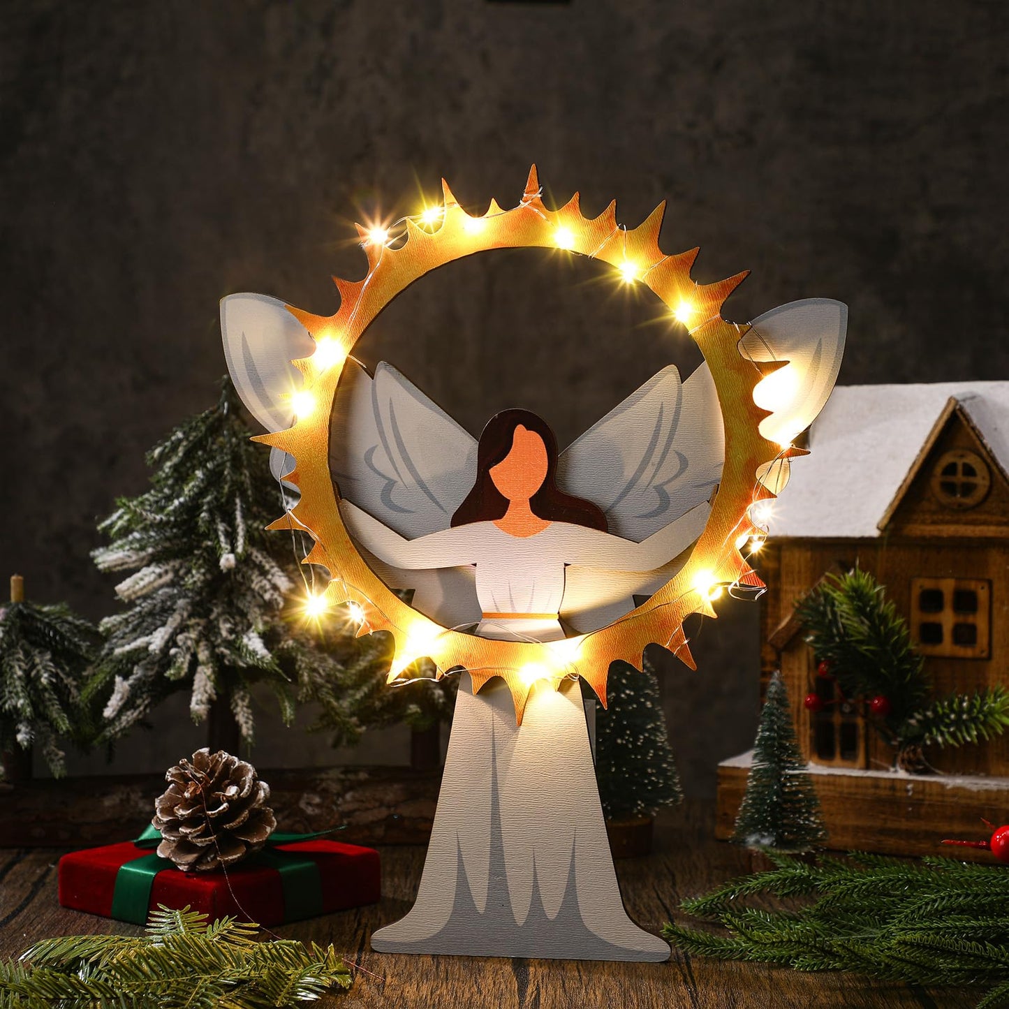 Beeveer 11.8 Inch Christmas Tree Topper Lighted Wooden Angel Tree Topper with LED Light Christmas Tree Decoration for Xmas Decor Ornaments Holiday Party Supplies