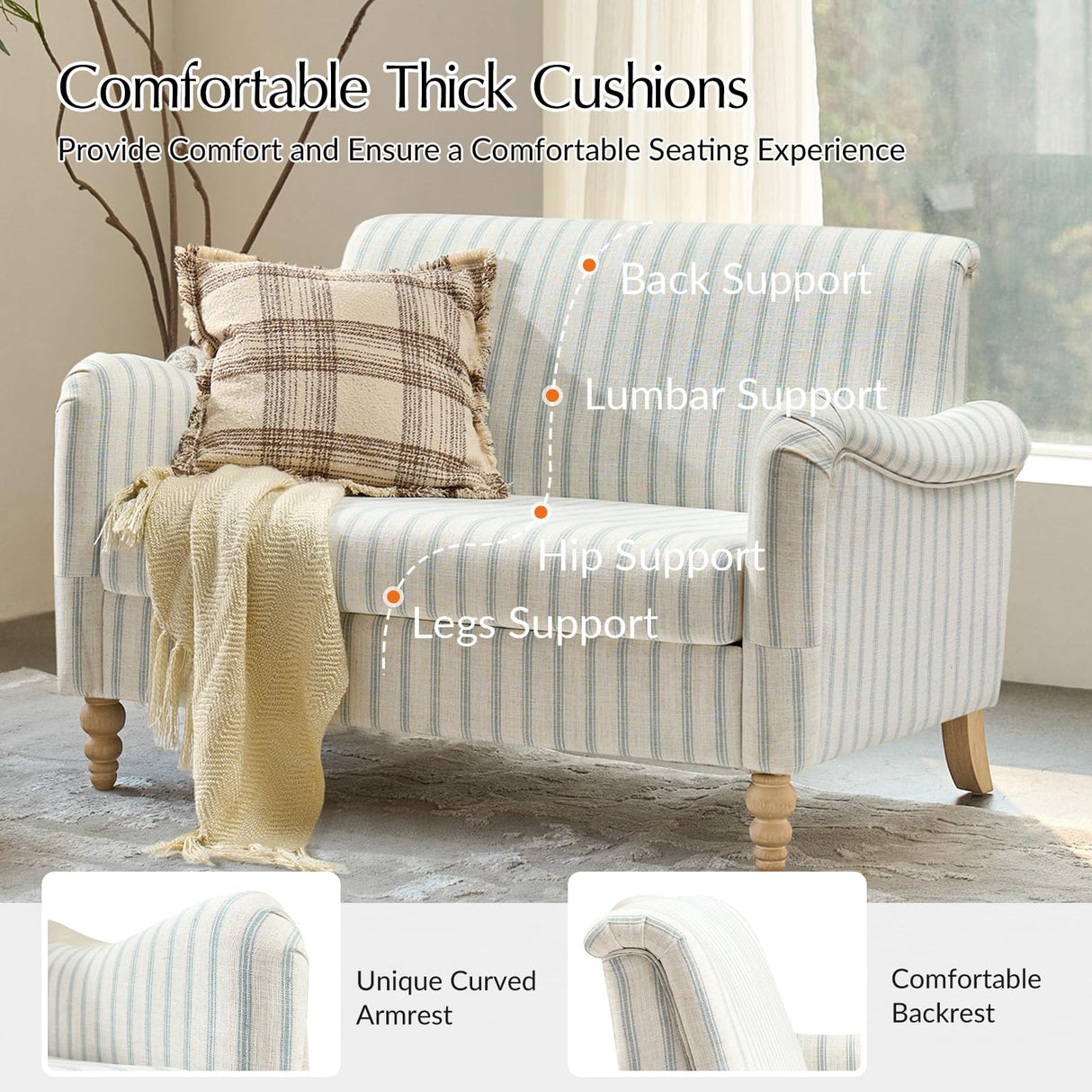 TerraSafe Loveseat Sofa for Living Room, 50.5" Small Love Seat, Comfy Upholstered Farmhouse Couches with Armrests for Bedroom, Office, Apartment, Blue TerraSafe