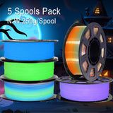 DO3D 1.75mm PLA 3D Printer Filament Bundle: Glow in Dark Green, Blue, Purple, Rainbow, One Spool Clear Multi Colored Rainbow, Each Spool 250g, Total 1.25Kg 3D Printing Filament, 250g x 5 Spools PLA DO3D