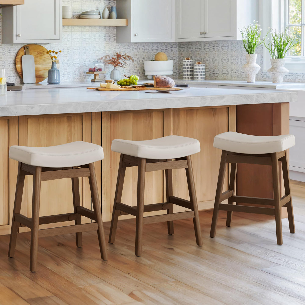 Cozyman Bar Stools Set of 3, Barstools with Sturdy Wood Legs, Saddle Seat Counter Height Bar Stools for Kitchen Counter, Bar, Dining, 24 Inch Farmhouse Counter Stools, Antique White Leather Cozyman