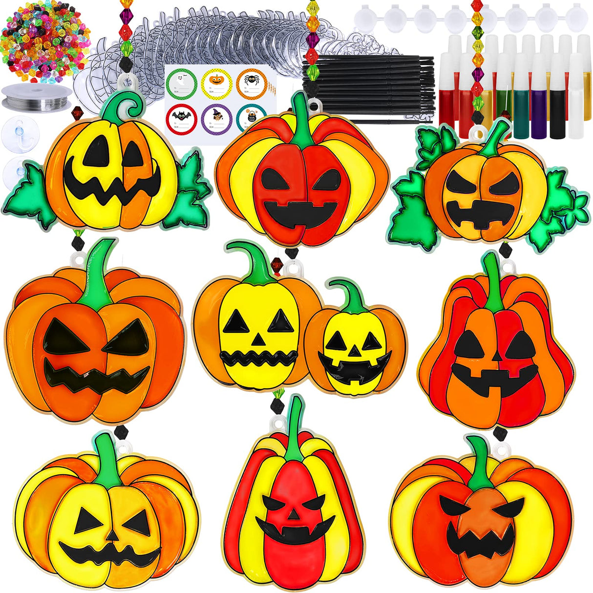 Winlyn 27 Sets Halloween Pumpkin Suncatchers Ornaments Decorations DIY Window Paint Art Suncatchers Craft Kits Jack-O'-Lantern Sun Catchers for Kids Classroom Activities Fall Halloween Art Project Winlyn