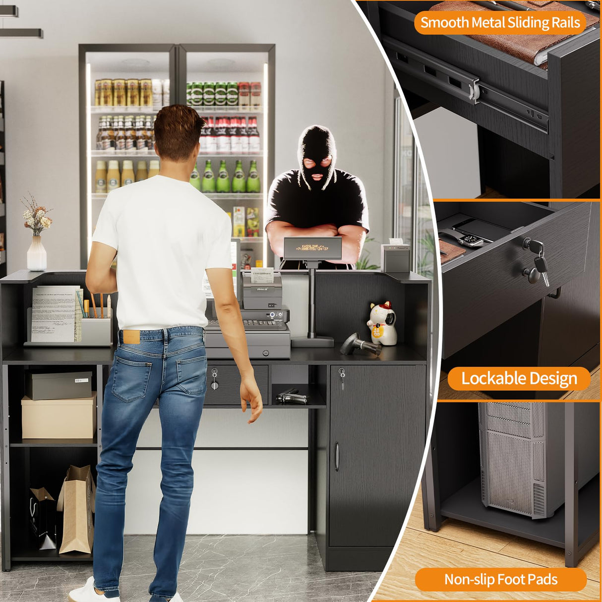 PAKASEPT Modern Reception Desk with LED Lights, 63 Inches Front Counter Table with Lockable Drawer & Shelves, Checkout Counter for Reception Room, Lobby, Beauty Salon (Black) (Black) PAKASEPT