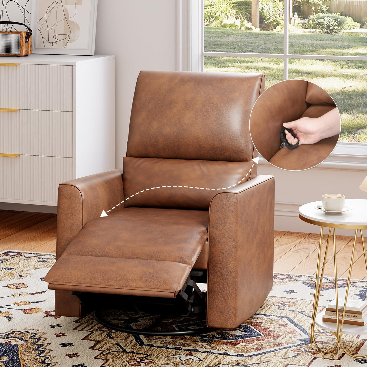 GAOMON Swivel Rocking Recliner Chair, Manual Leather Recliner Glider with Lumbar Support & Padded Armrest, Comfortable Rocker Nursery Single Sofa for Living Room and Bedroom (Brown) GAOMON