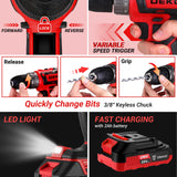 Red Drill Tool Kit Set: 20V Cordless Power Drill Tool Box with Battery Electric Drill Driver for Men Home Hand Repair Basic Toolbox Tools Sets Drills Case DEKOPRO