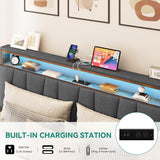 YITAHOME King Size Upholstered Bed Frame with LED Lighting, Headboard Storage, and Charging Station - Grey YITAHOME