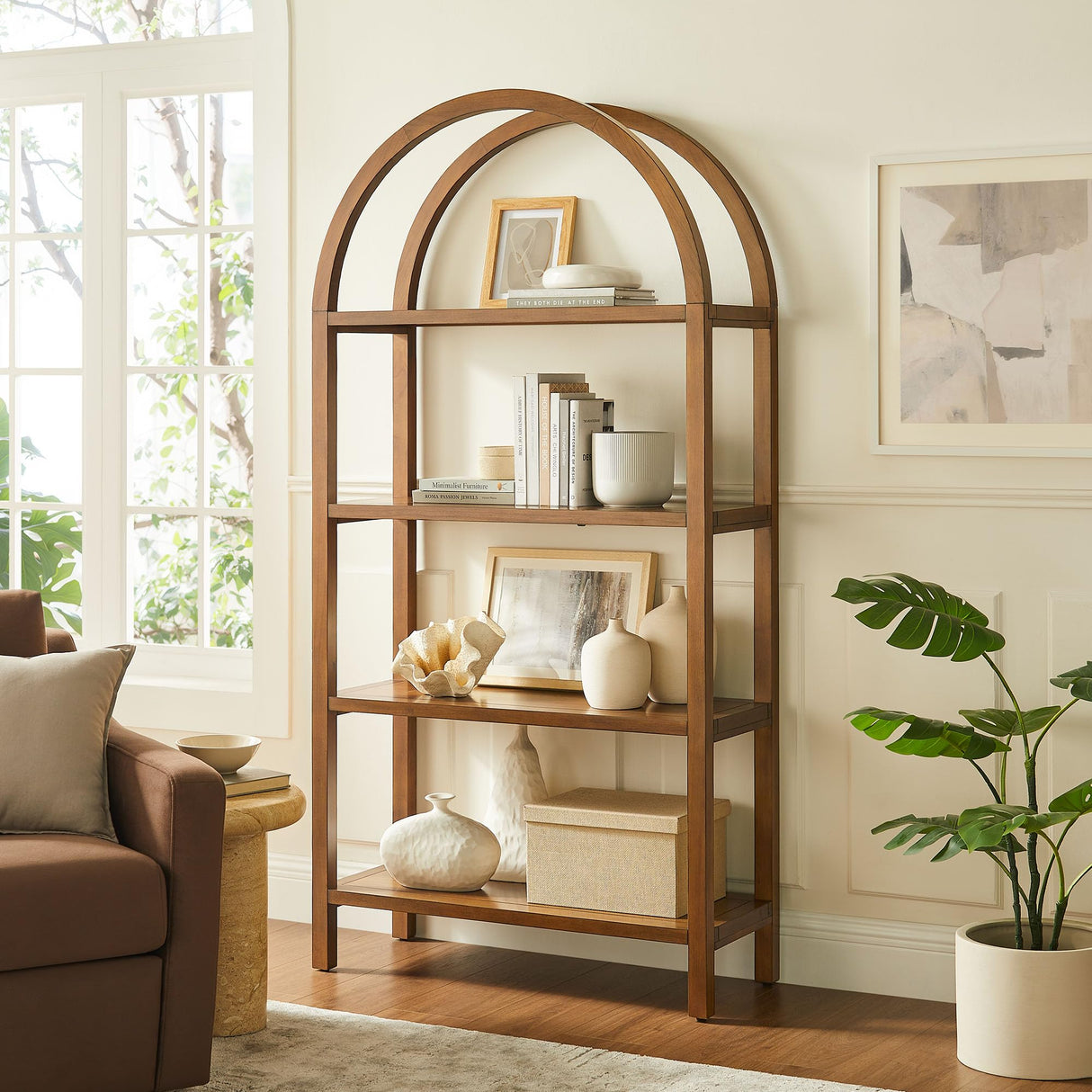 Modway Vexley 72 Inch Large Arched Bookshelf in Walnut – Modern Pine and Acacia Open Display Bookcase for Living Room, Office, Reading Nook Modway