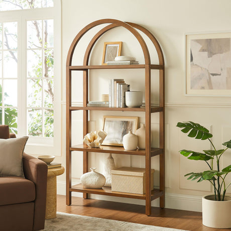 Modway Vexley 72 Inch Large Arched Bookshelf in Walnut – Modern Pine and Acacia Open Display Bookcase for Living Room, Office, Reading Nook Modway