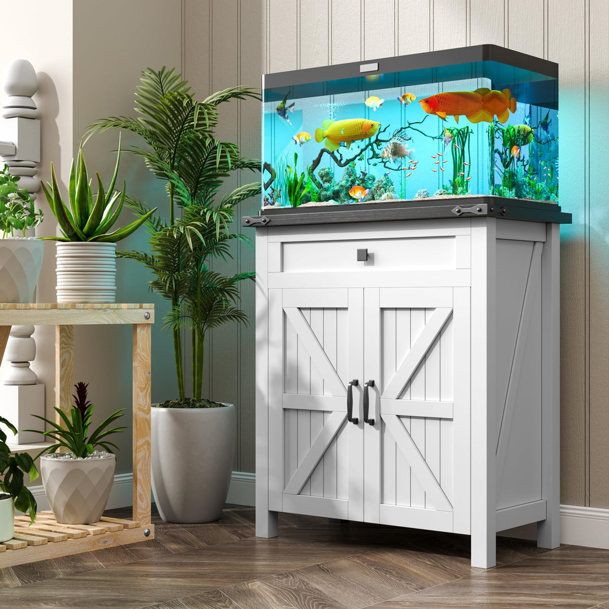 kepptory 20 Gallon Fish Tank Stand with Power Outlets, Farmhouse Decorative Aquarium Stand Furniture with Adjustable Shelves, 10-20 Gallon Reptile Turtle Tank Stand with Cabinet Storage (White, 20GL) kepptory