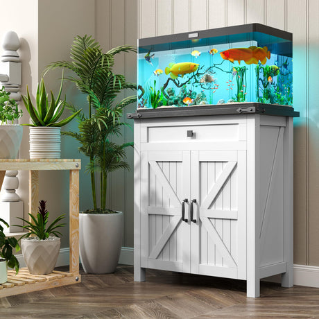 kepptory 20 Gallon Fish Tank Stand with Power Outlets, Farmhouse Decorative Aquarium Stand Furniture with Adjustable Shelves, 10-20 Gallon Reptile Turtle Tank Stand with Cabinet Storage (White, 20GL) kepptory