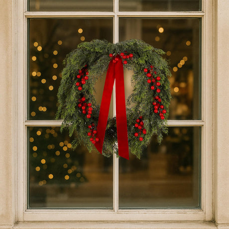 Suncalla 24'' Artificial Cedar Wreath for Front Door Christmas Wreaths Faux Cedar Decorated with Berry and Ribbons Xmas Wreath for Indoor Window Wall Fireplace Holiday Decor Suncalla