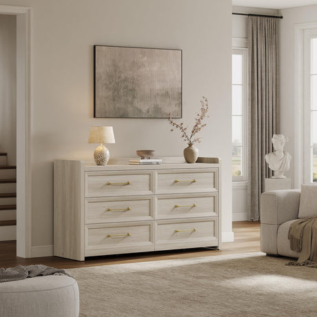 SICOTAS 6 Drawer Dresser for Bedroom-56.4" Extra-Wide Wooden Chest of Drawers with Large Storage, Long Dresser TV Stand with Drawers, Farmhouse Closet Dressers for Nursery Living Room, Grey White Oak SICOTAS