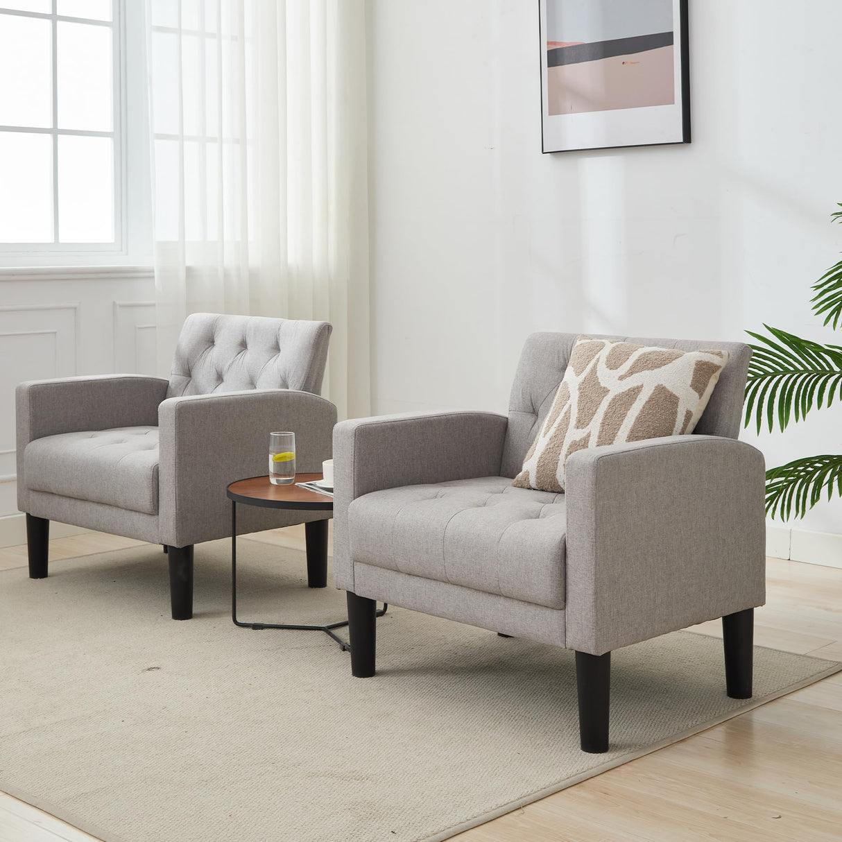 TYBOATLE Accent Chairs Set of 2 Comfy Living Room Chair Tufted Mid Century Modern Accent Chair, Cozy Upholstered Reading Arm Chair for Office, Bedroom (Light Grey, Set of 2) TYBOATLE