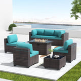 Kullavik 8 Pieces Outdoor Patio Furniture Set,Sectional Sofa Set with 43" 55000 BTU Gas Propane Fire Pit Table,Brown PE Rattan Wicker Patio Conversation Set,Turquoise Blue Kullavik