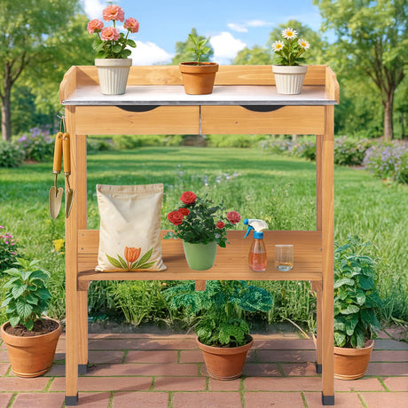 36.4" H Outdoor Potting Bench with Storage, Wooden Workstation Garden Potting Table with Metal Tabletop, 2 Drawers, Shelf and 3 Hooks, All-Weather Work Station for Garden, Patio & Lawns (Wood Color) BIVVI