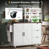 Merax 54.5" Wood Kitchen Cart Island on Wheels with Power Outlet,Drop Leaf and 3 Side Drawers,Farmhouse Style Storage Cabinet for Dining Room Merax