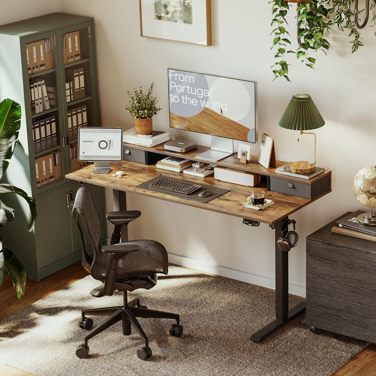 Agilestic 53 x 24 Inches Height Adjustable Electric Standing Desk with 2 Drawers, Stand Up Electric Desk Adjustable Height, Sit Stand Computer Gaming Table with Splice Board, Rustic Brown Agilestic