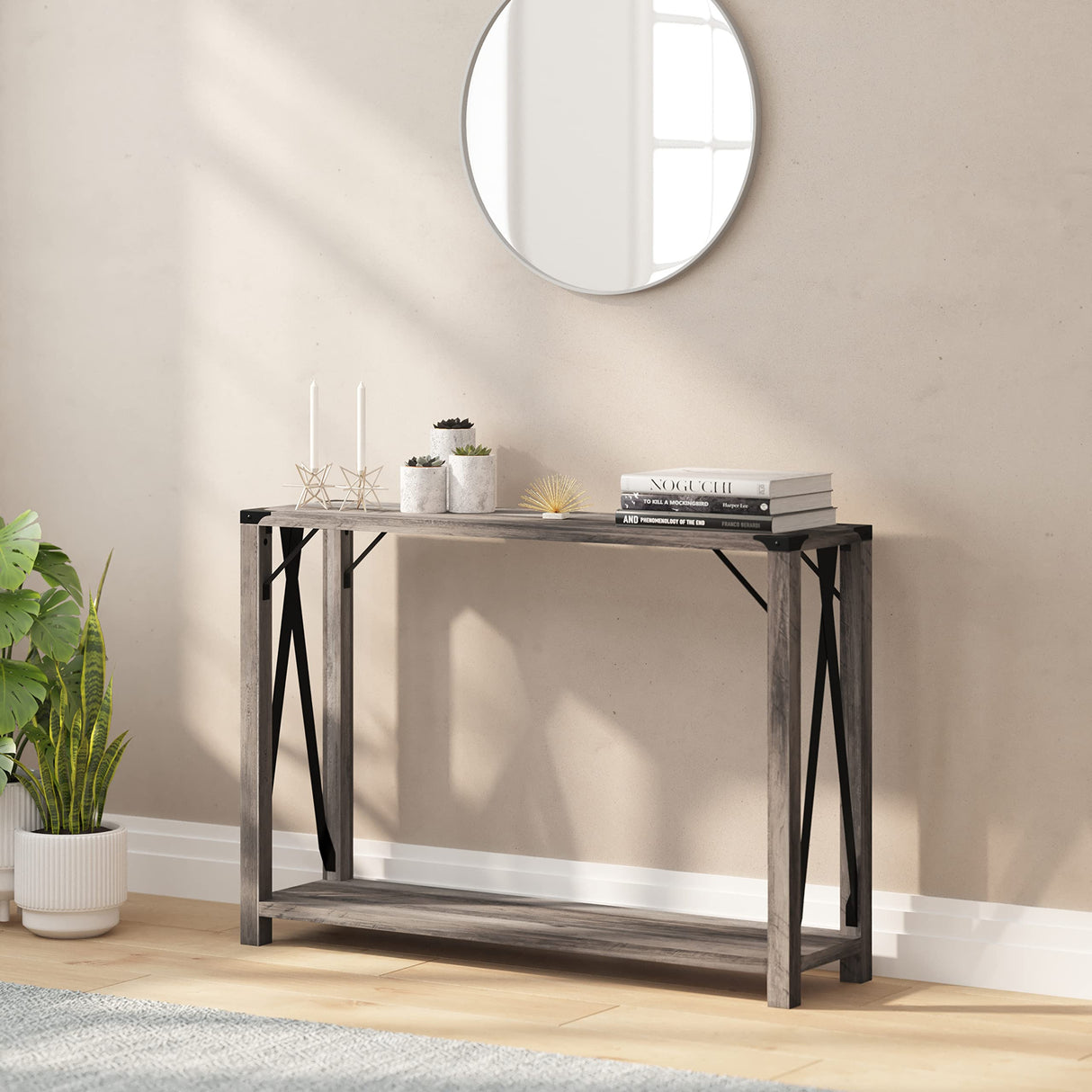 Taylor & Logan Willard Gray Wash Wood Two Tier Modern Farmhouse Console Table with Black Metal Corner Accents and Cross Bracing Taylor & Logan