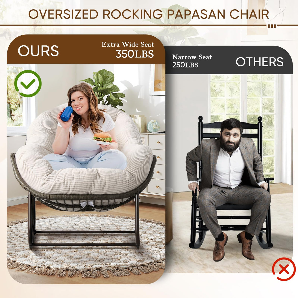 Large Indoor Rocking Chair, Oversized Rocking Papasan Chair with Thick Cushion and Frame,Comfy Corduroy Rocker Wicker Egg Chairs Lounge Reading Chair for Living Room, Bedroom, Apartment, White SLEERWAY