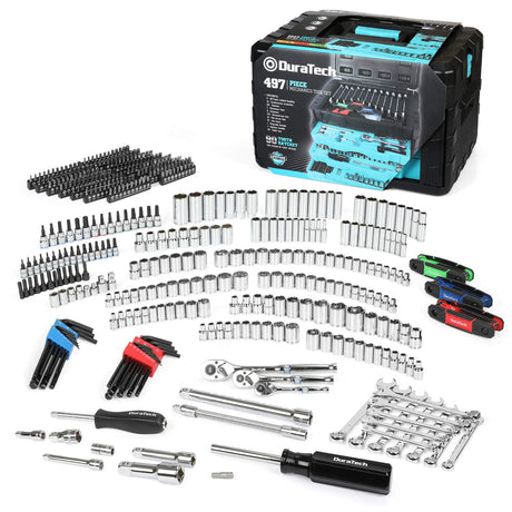 DURATECH 497-Piece Mechanics Tool Set, Include SAE/Metric Sockets, 90-Tooth Ratchet and Wrench Set in 3 Drawer Tool Box DURATECH