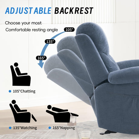Sftaiyou Manual Rocker Recliner Chair for Adults with Vibration Massage,Glider Rocking Recliner Chairs for Living Room Bedroom Overstuffed Soft Reclining Sofa Chair with Pockets(Blue) Sftaiyou
