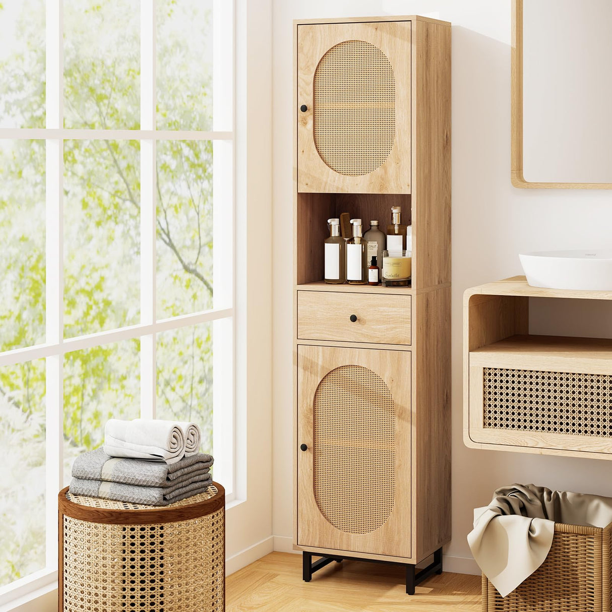 Tangkula 67" Tall Bathroom Storage Cabinet, Narrow Rattan Linen Tower with Doors, Adjustable Shelves & Drawer, Freestanding Floor Cabinet for Living Room, Kitchen, Dining Room, Office, Natural Tangkula