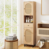 Tangkula 67" Tall Bathroom Storage Cabinet, Narrow Rattan Linen Tower with Doors, Adjustable Shelves & Drawer, Freestanding Floor Cabinet for Living Room, Kitchen, Dining Room, Office, Natural Tangkula