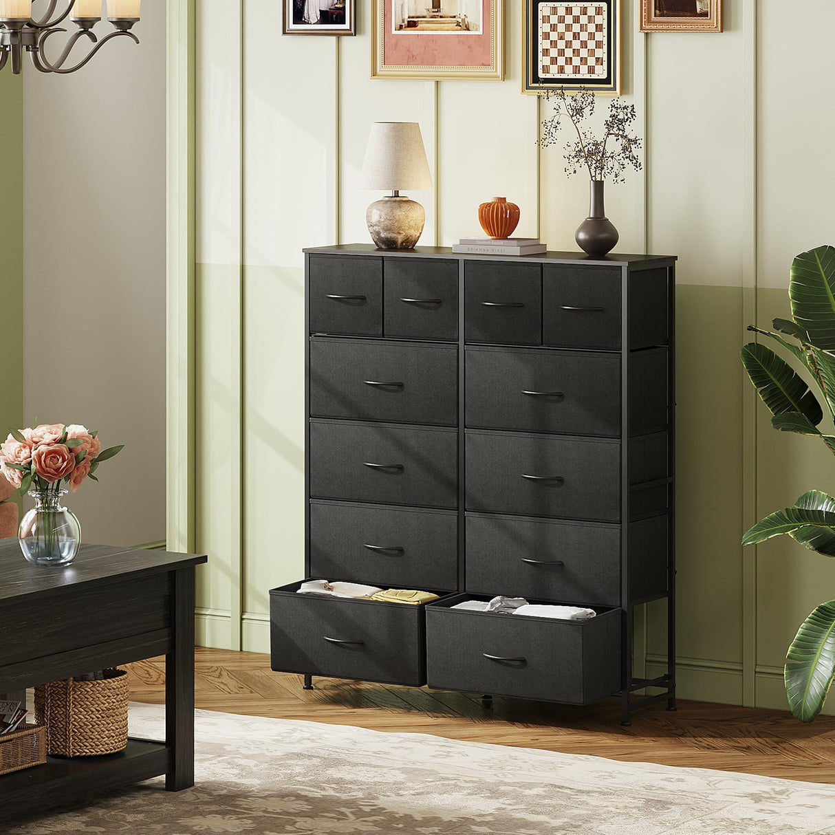 WLIVE Tall Dresser for Bedroom with 12 Drawers, Dressers & Chests of Drawers, Fabric Dresser for Bedroom, Closet, Fabric Storage Dressers with Storage Drawers, Steel Frame, Wood Top, Charcoal Black WLIVE