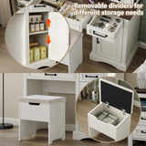 Diwnnue Farmhouse Makeup Vanity Desk with Sliding Mirror, Large Vanity Set with 3 Brightness Lights, Ample Storage, Antique White Diwnnue