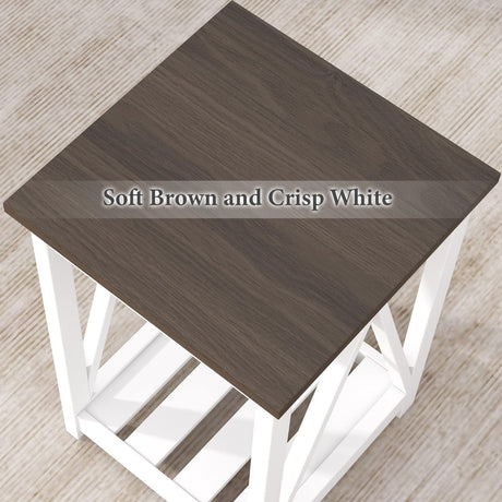 ChooChoo Farmhouse End Table, Rustic Vintage End Side Table with Storage Shelf for Small Spaces, Nightstand Sofa Table for Living Room, Bedroom White 2 Pack ChooChoo