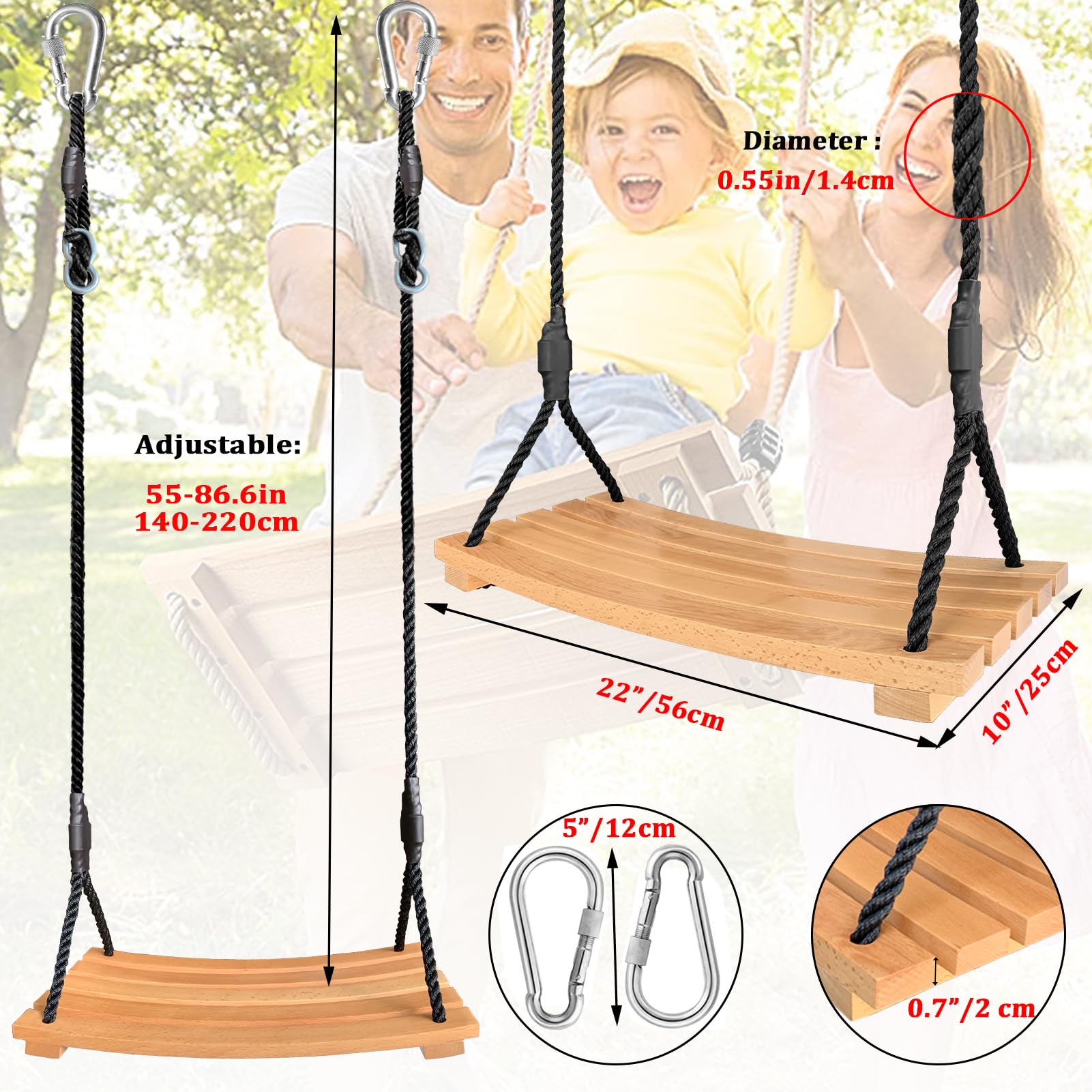 Wooden Tree Swing Adults Kids Indoor Outdoor Adjustable Rope Hanging Wood Swing Set with 2 Carabiner Hooks for Tree Branch Porch Patio Garden (22"x10") - WoodArtSupply