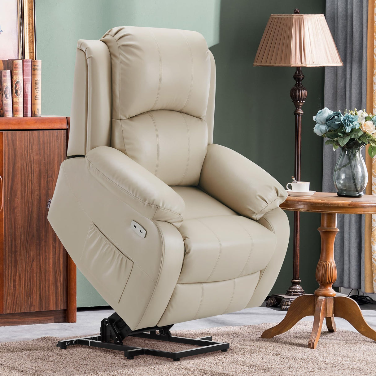MCombo Small-Regular Power Lift Recliner Chair with Massage and Heat for Petite Elderly People, 3 Positions, 2 Side Pockets, USB Ports, Faux Leather 7408 (Beige, Small-Regular) MCombo