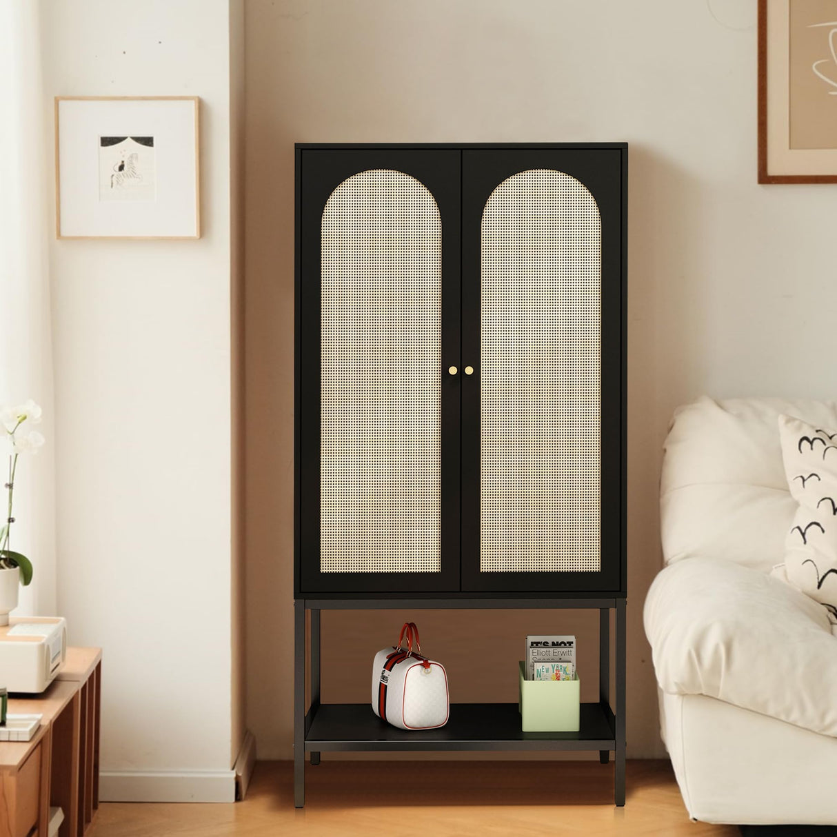 UHMUVFM Wardrobe Closet with 2 Doors, Rattan Wardrobe Cabinet with Shelves and Hanging Rail for Clothes, Bedroom Independent Wardrobe Closet (Black) UHMUVFM