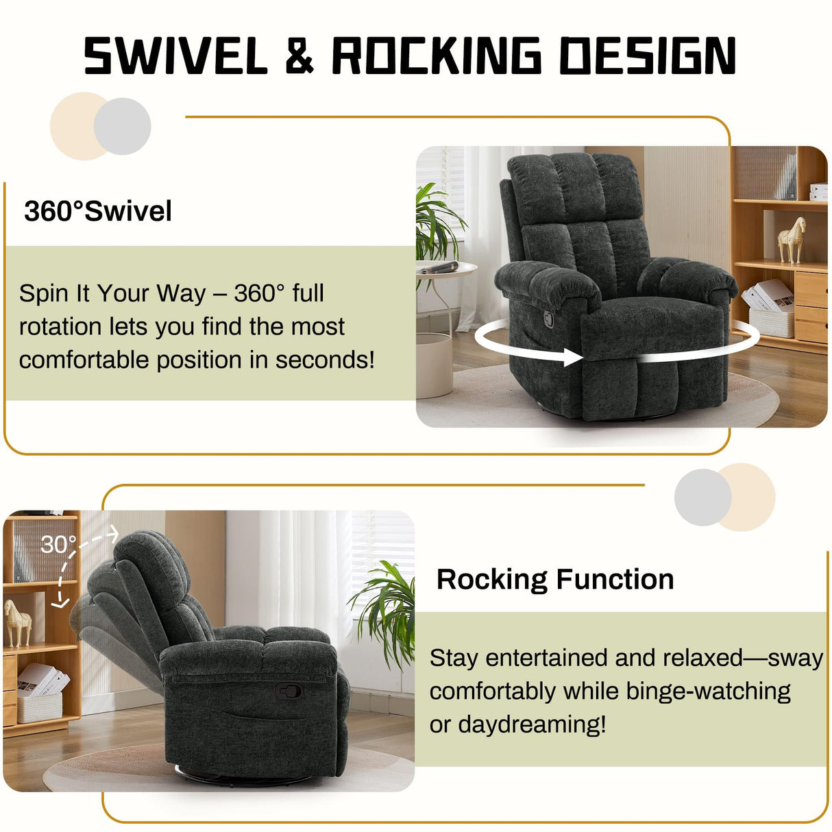 Korser Recliner Chair, Swivel Rocker Recliner Chair for Adults, Small Recliners for Small Spaces, Upholstered Manual Recliner with Side Pockets, Nursery Rocking Chair for Living Room, Chenille, Black Korser