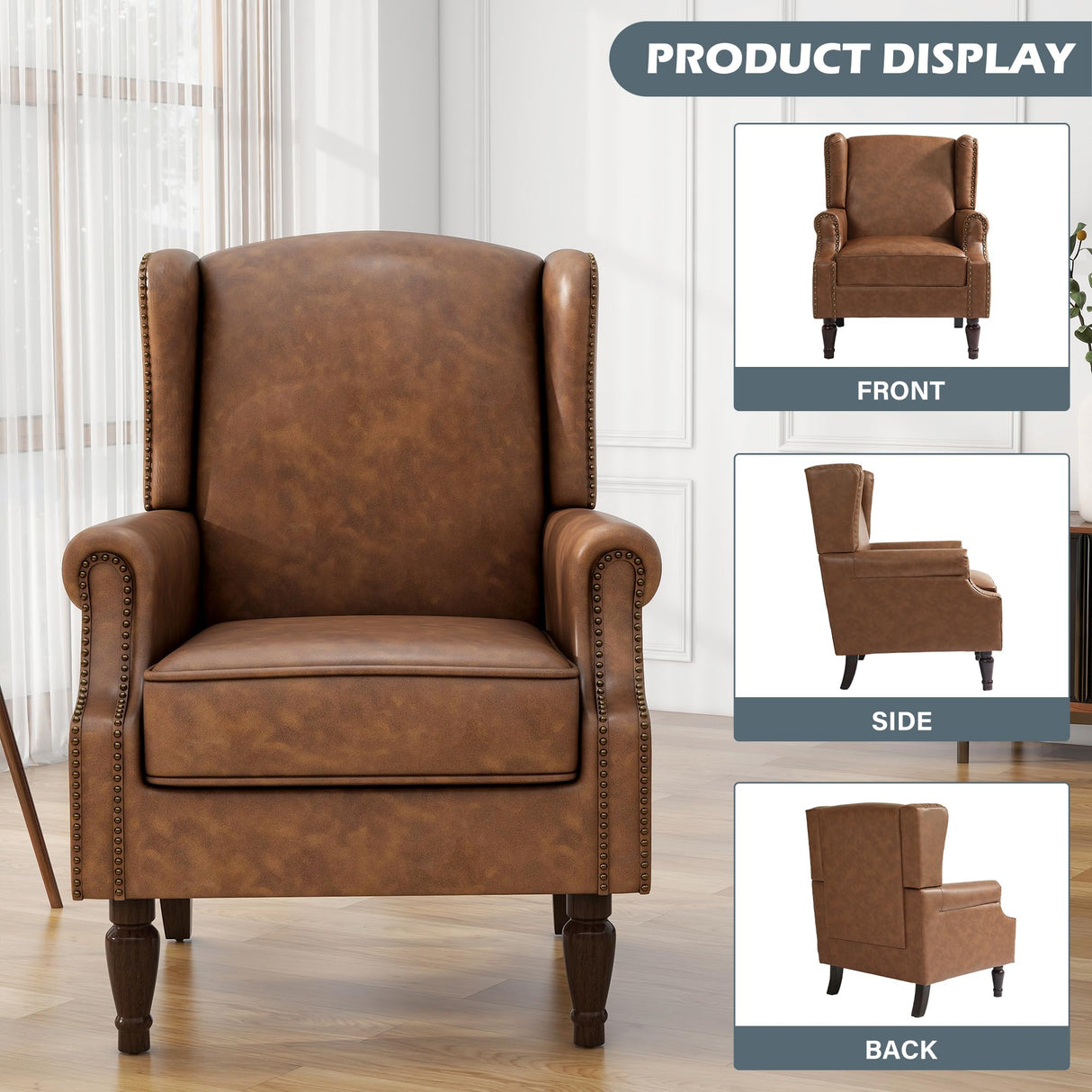 UIXE PU Leather High Back Accent Chair, Upholstered Armchair for Living Room, Retro Wingback Arm Chair Nailhead Trim Single Sofa Bedroom Reading Seat with Solid Wood Legs - Brown UIXE