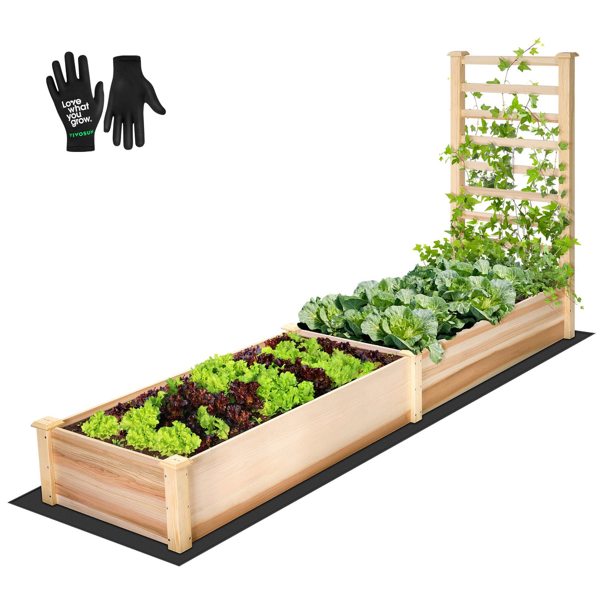 VIVOSUN Wooden Raised Garden Bed, 48 x 24 x 30 Inches, Outdoor Wood Planter Box with Gloves and a Liner, with Trellis for Vine Climbing for Garden, Patio, Balcony, Backyard and Outdoors VIVOSUN