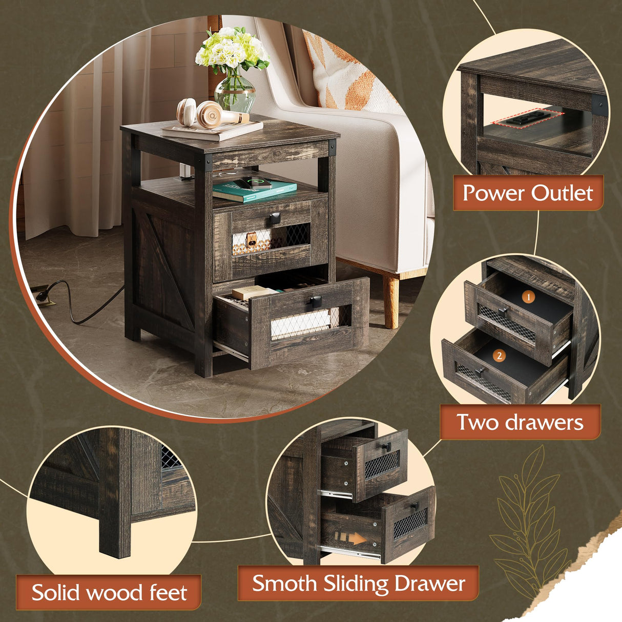 WLIVE Night Stand with Charger Station, End Tables Bedroom, Living Room, Side Table with 2 Wooden Storage Drawers, Farmhouse Nightstand with USB Ports and Outlets, Dark Rustic Oak WLIVE