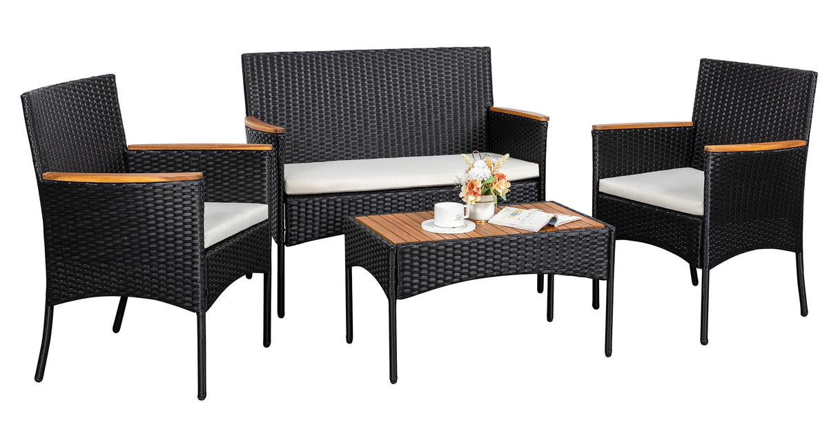JAMFLY Patio Furniture Set 4 Piece Conversation Set Outdoor Wicker Rattan Chairs Backyard Pool Garden Porch Balcony Patio Loveseat with Cushions and Table, Black/Beige JAMFLY