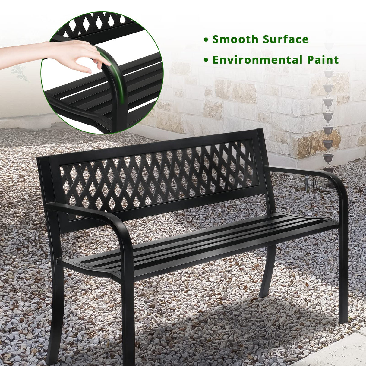 VINGLI Outdoor Bench Porch Bench Patio Metal Garden Bench w/PVC Back, Steel Black Outdoor Bench Park Bench for Yard Lawn Decor Deck Entryway VINGLI