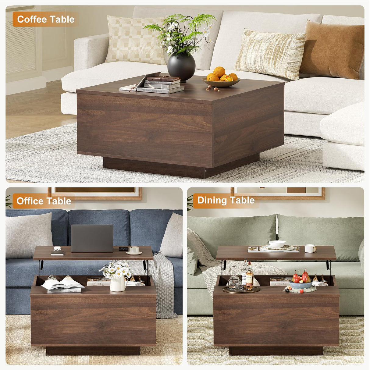 FABATO Lift Top Coffee Table, Wood Square Coffee Table with Storage, Farmhouse Coffee Tables with Hidden Storage Compartment, Center Table with Lifting Tabletop for Living Room, Home Office, Walnut FABATO