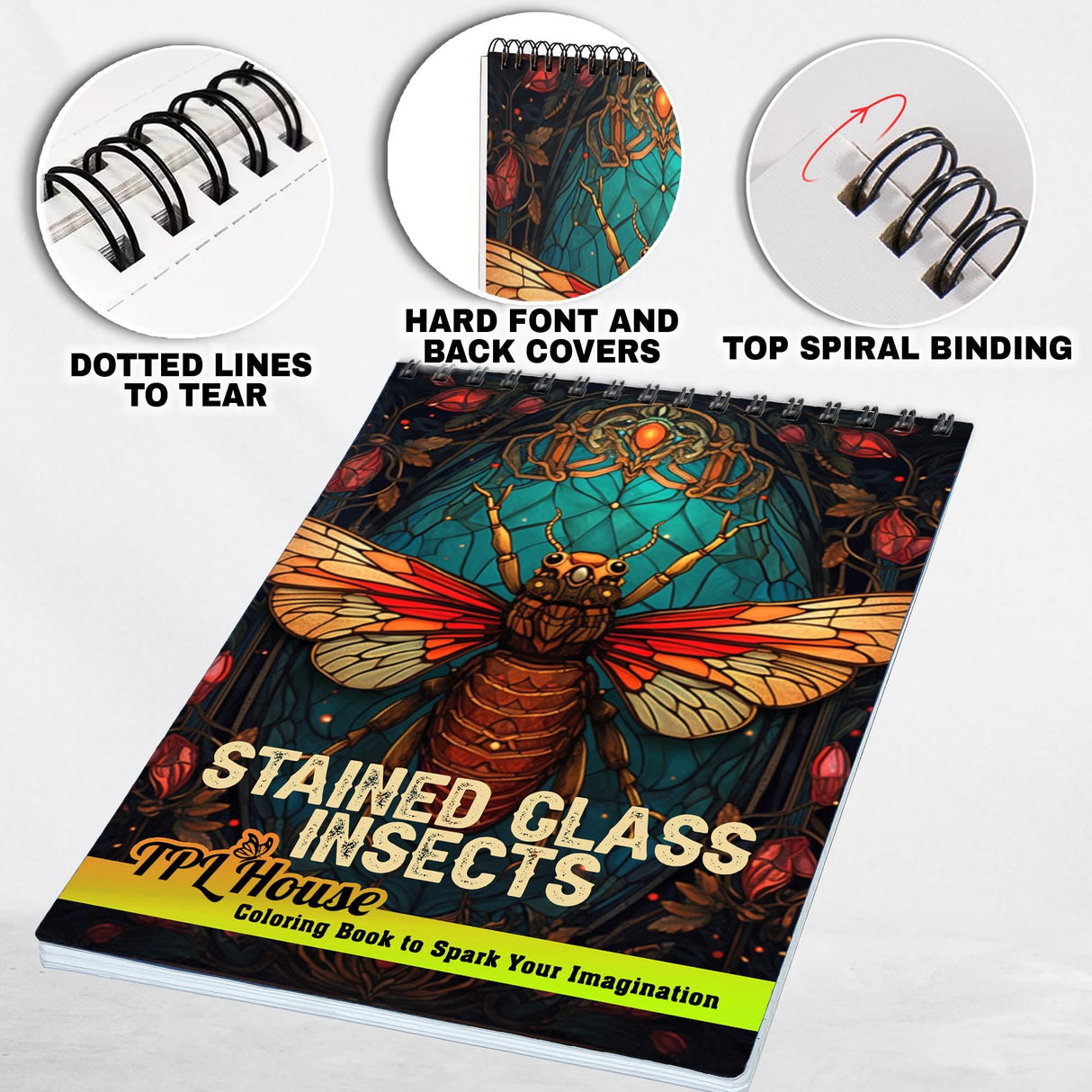 TPLHOUSE Stained Glass Insects Coloring Book Spiral Bound for Teens and Adults, Premium Cover, 30 Glass-Tinted Insects Coloring Pages of Intricate Patterns for Stress Relief and Relaxation TPLHOUSE