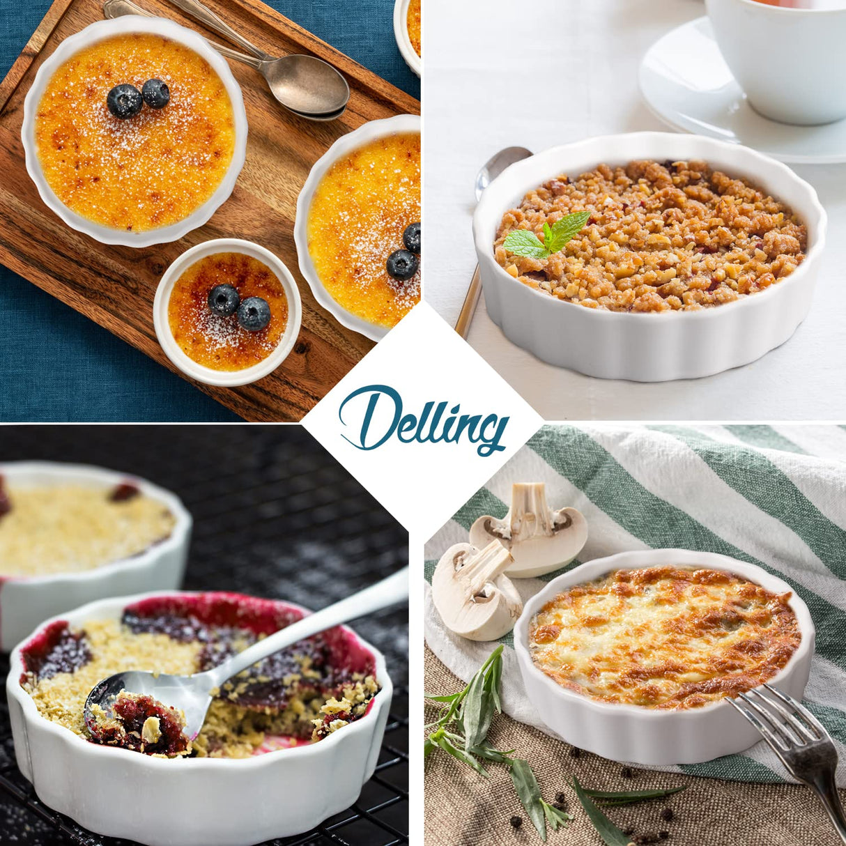 Ramekins 8 oz-Delling Creme Brulee Ramekins, Round Fluted Quiche Dishes Tart Pan, Oven Safe Ramekins for Baking, Souffle, Ramekins Set of 6, White DELLING