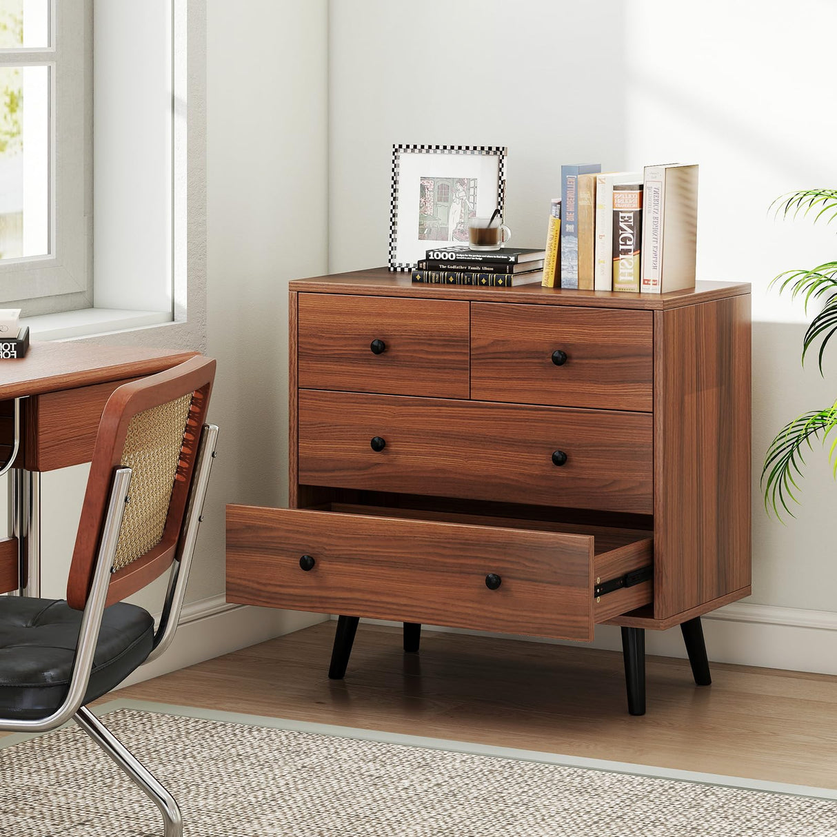 GOFLAME 4 Drawer Dresser for Bedroom, Modern Chest of Drawers, Wood Storage Dresser Organizer for Closet, Living Room, Hallway, Entryway, Walnut GOFLAME