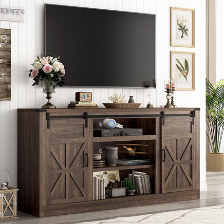Hlivelood 66" Farmhouse TV Stand for 75 Inch TV, 33" Tall Entertainment Center with Power Outlets & Sliding Barn Door, Wood TV Stands with Storage, TV Media Console for Living Room, Brown Hlivelood