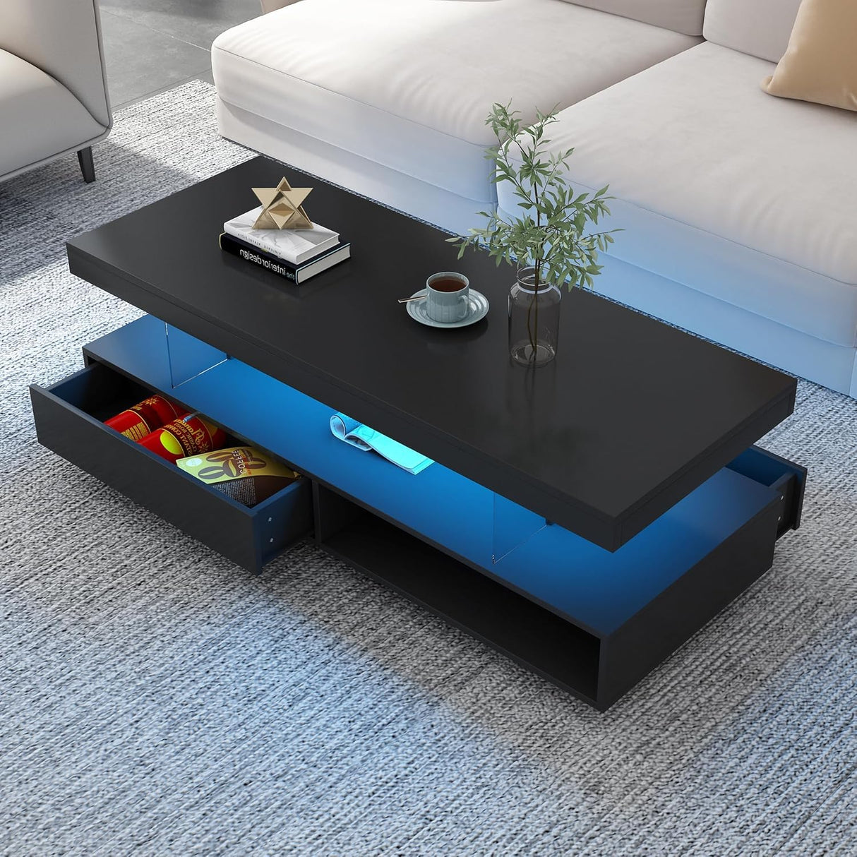 GlowSpark Black LED Coffee Table with Storage, Modern High Glossy LED Coffee Tables for Living Room, 2 Tiers Rectangle Coffee Table with 16 Colors LED Lights & Remote Control for Party Office Home GlowSpark