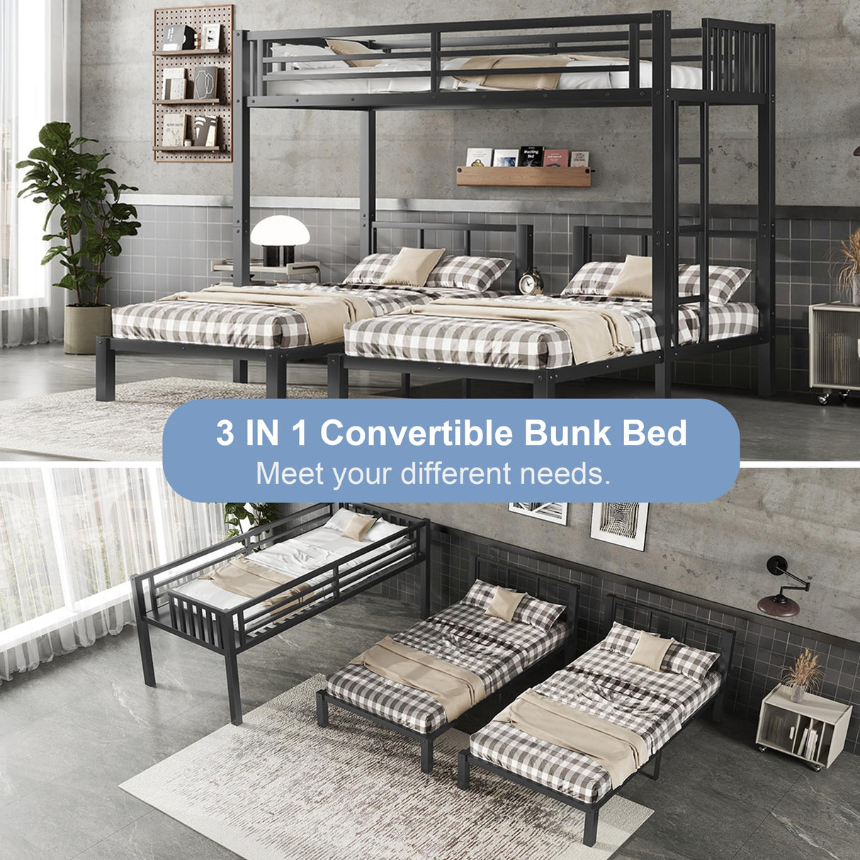 Mirightone Metal Triple Bunk Bed for Kids,Heavy Duty Triple Twin Bunk Bed with Ladder & Storage Shelf, Convertible 3 Bed Bunk Beds for Girls Boys Teens,Can be Separated into 3 Beds, Black Mirightone