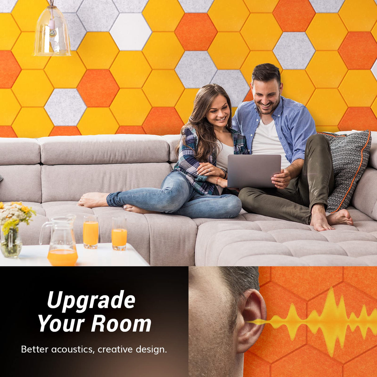 Self-adhesive Hexagon Acoustic Panels 12 Pack, TONOR 12"x 10"x 0.4" High Density Sound Proof Panels Tiles for Walls, Absorbing Noise and Eliminating Echoes Acoustic Foam for Home Studio Orange TONOR