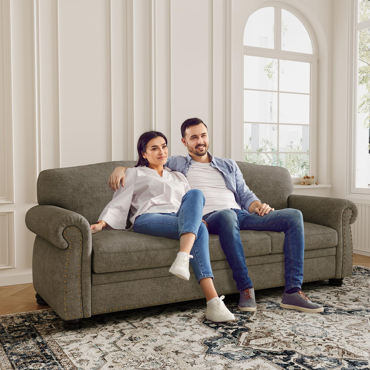 ONBRILL 90 Inch Nailhead Trim Couches for Living Room, 23" Deep Seat Rolled Arm Sofa, Comfy Upholstered 3 Seater Sofa, Chenille Couch w/Wooden Leg, Large Traditional Sofa for Bedroom, Farmhouse, Brown ONBRILL