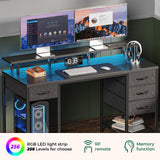 Huuger 47 inch Computer Desk with 4 Drawers, Gaming Desk with LED Lights & Power Outlets, Home Office Desk with Large Storage Space for Bedroom, Work from Home, Black Huuger